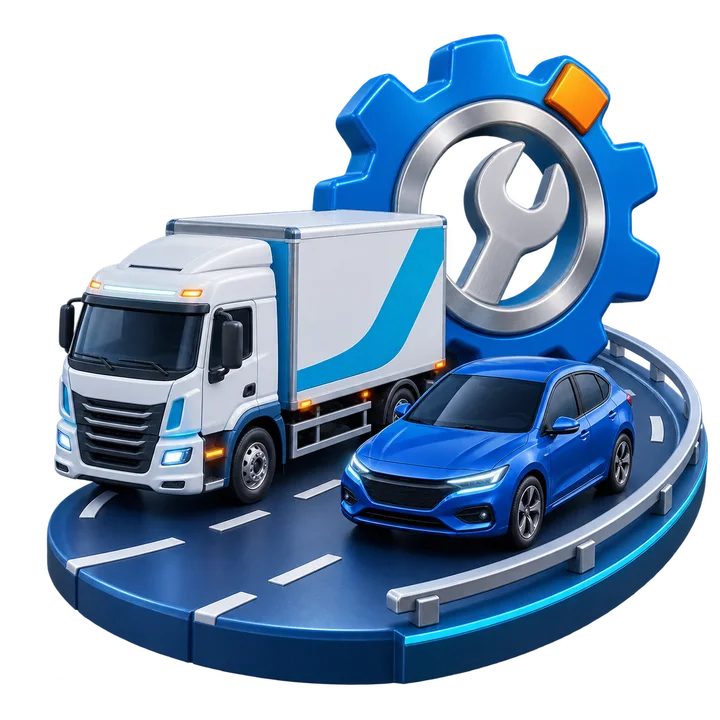 Camión y automóvil sobre una carretera 3D con engranaje de mantenimiento