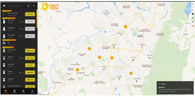 Captura de GPSByte con su mapa de seguimiento satelital